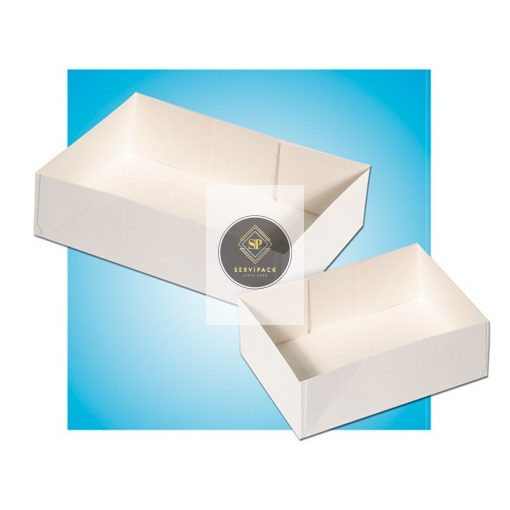 Fehér téglalapalapú papír süteményes doboz, tető nélküli 180x120x50mm, x100db